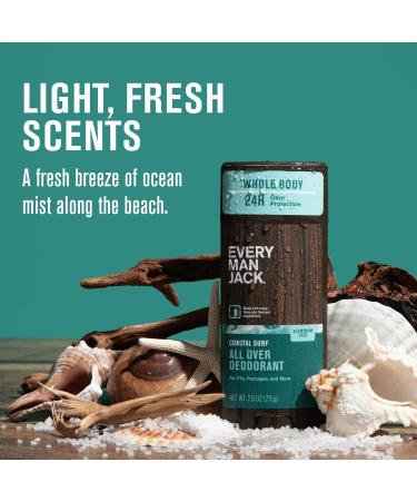Every Man Jack All Over Deodorant - 24 Hour Whole Body Odor Protection - Aluminum Free - Coastal Surf Scent 2.6 oz (1 Pack) Coastal Surf 2.6 oz (Pack of 1) - Buy Online on SooperMarket.com