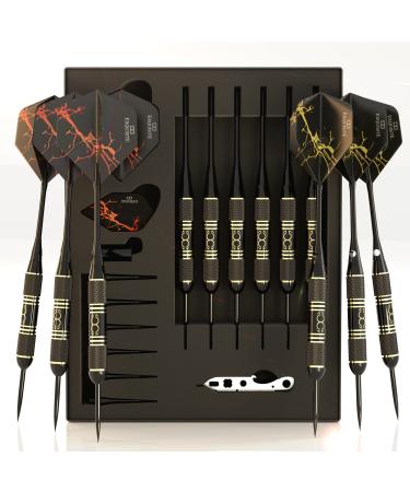 CC-Exquisite Professional Steel Tip Darts Set - 6 x 22g Brass Barrels with 12 Flights Standard/Slim, 12 Aluminum Shafts 35/48mm, 12 O-Rings, Dart Tool, Dart Sharpener and Case (Black & Gold)