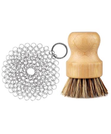 GAINWELL Stainless Steel Chainmail Scrubber Set Cast Iron Cleaner 4in with Wood Scrub Cleaning Brushes