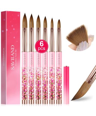 Saviland 6PCS Acrylic Nail Brush - Acrylic Brush for Acrylic Nails Pink Gradient Handle Nail Brush for Acrylic Powder Acrylic Brushes for Nails Nail Art Brushes for Beginner Size 6/8/10/12/14/16 06-6 pcs- size 6/8/10/12/14/16- pink