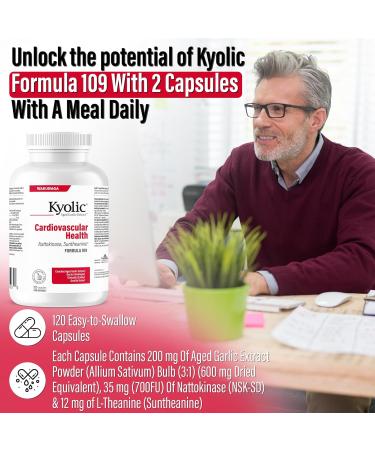 Kyolic - Cardiovascular Health Formula 109 120 Capsules - Reduce Elevated Blood Lipid Levels in Adults - Source of Antioxidant - Combination of Nattokinase and Suntheanine with Aged Garlic Extract 120 count (Pack of 1) - Buy Online on SooperMarket.com