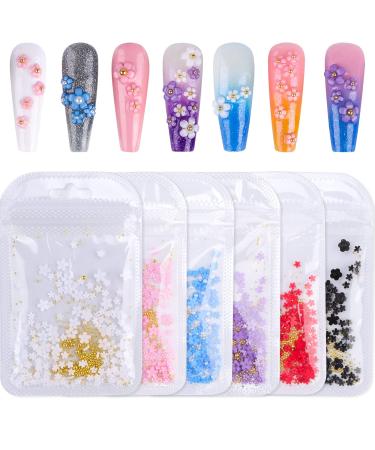 Kalolary 3D Flower Nail Charms Flower Nail Art Decoration Nail Art Rhinestones Five-Petal Flower Ornaments Nail Art Jewelry Nail Gems Nail Accessories for Women Girls DIY Nail Design (6 Bags)