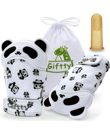 Baby Teething Mitten Chewing Glove Teether Mitt Infant Toy Panda Teething Glove Baby Chew Mitt with Finger Toothbrush BPA-Free for Baby Boys Girls - 1 Pair + 1 Toothbrush