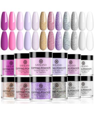 Saviland Nail Dip Powder  12 Colors Dip Powder Set Glitter White Pink Clear Dipping Powder Provencal Lanvenders Series French Manicure Nail Art Powder Starter Set for Prom Nail salon Home DIY B7-Glitter White Pink