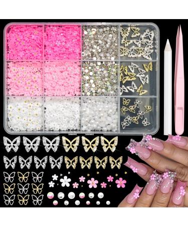 RODAKY Flower Nail Charms Butterfly Nail Art Jewelry Pink 3D Flowers for Nails Flatback AB Nail Rhinestone Gems Acrylic Flower Charms for Nails Shiny Butterflies Nail Decoration for Women and Girls Pink&White