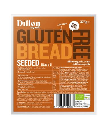 Dillon Organic Gluten Free Seeded Bread 4 X 275g Sliced Low Carb High Fibre a blend of Gluten free oats and seeds
