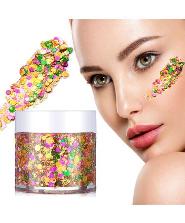 2 Pcs Mardi Gras Face Glitter 0.7 oz Chunky Glitter Purple Gold Green Glitter Gel Music Festival Rave Sequins Body Glitter Gel for Face Body Hair Rave Accessories and Costume Party Dance
