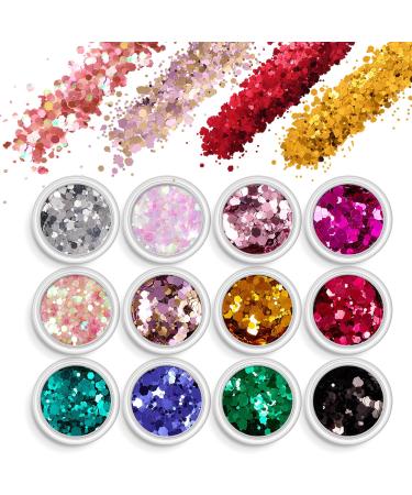 AOOWU Chunky Glitter 12 Colors 3D Nail Art Glitter Sequins for Nail Art Decoration Festival Nail Glitter Powder Holographic Cosmetic Glitter for Face Body Eye Hair Nail and DIY Art (08)