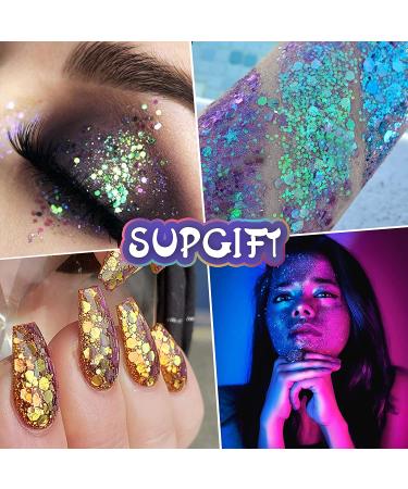 Body Glitter SUPGIFT 130g Holographic Chunky Cosmetic Chameleon Sequins - 15 Colors for Makeup, Hair, Nail Art, Slime, Craft, Resin - Includes Brush and 5 Spoons - Buy Online on SooperMarket.com