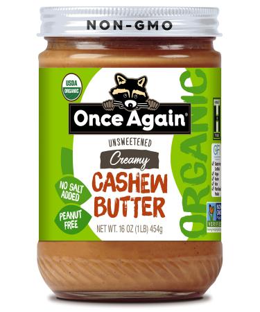 Once Again Organic Creamy Cashew Butter, 16oz - Unsweetened - USDA Organic, Gluten free Certified, Vegan, Kosher, Peanut Free - Glass Jar