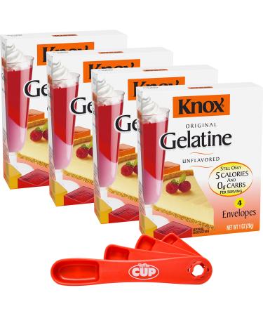 Knox Gelatine Unflavored Clear, 1 oz (Pack of 4) with By The Cup Measuring Spoons