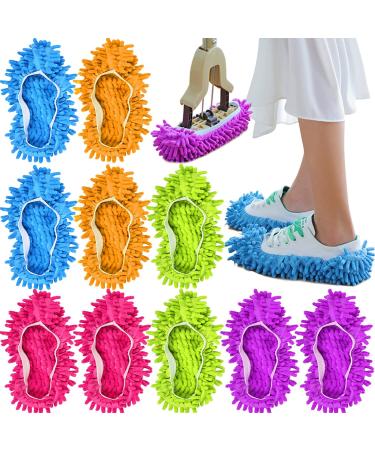 10 Pieces Microfiber Mop Slippers Shoes Cover Soft Washable Reusable Floor Polishing Dust Dirt Hair Men Women Sweeper Cleaning Mop Tool for House Office Bathroom Kitchen, Multicolored 5 Pairs