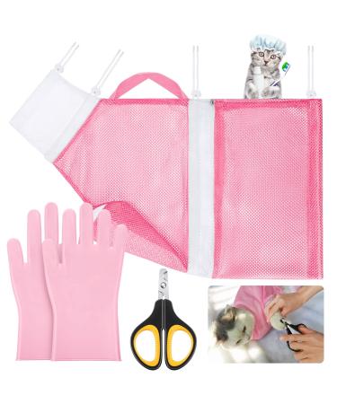 4 Pieces Cat Grooming Bath Bag Set Cat Grooming Shower Pet Net Bag with Grooming Gloves Pet Nail Clippers for Cats Dogs Bathing Nail Trimming Cleaning Tools