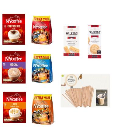 NYCoffee 90 Coffee Sachets 6 Variety Flavours- Bundled with Temas Store Coffee Stirrers| Individually Wrapped |Coffee Gifts For Coffee Lovers (Mocha Cappuccino Latte Caramel 3 in 1 2 in 1)