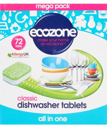 Ecozone Classic All-In-One Dishwasher Tablets Effective Cleaning Formula Cuts Through Grease & Grime Natural Vegan & Non Toxic Tabs Plant Based Plastic-Free Leaves No Residue (Box of 72 Capsules)