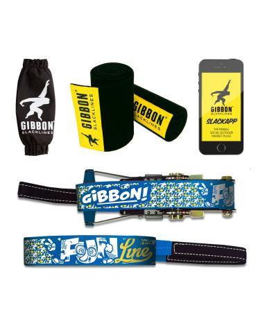 Gibbon Slacklines Funline with treewear, Blue, 49ft (41ft line + 8ft Ratchet Strap with Reinforced Loop) incl. Ratchet Protection, Tree and line Protection (Black Felt) 50mm/2" Wide