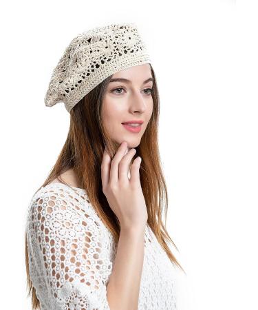 ZLYC Handmade Cotton Slouchy Crochet Beret with Cutout Floral Design - Plain Beige Women's Beanie Hat - Buy Online on SooperMarket.com