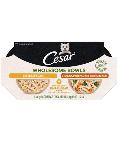 Cesar Wholesome Bowls Wet Dog Food (Meal or Topper) Variety Packs Tray Chicken & Chicken & Sweet Potatoes 3 Ounce (Pack of 6)