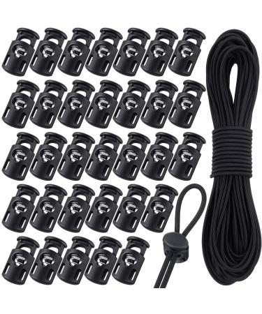 50 Pieces Cord Locks Spring Toggles Stoppers Plastic Single Hole End Stopper Slider and 1/8 Inch 66 Feet Elastic Bungee Cord for Drawstring Shoelaces Clothing Bags (Classic Style  Black) Classic Style Black