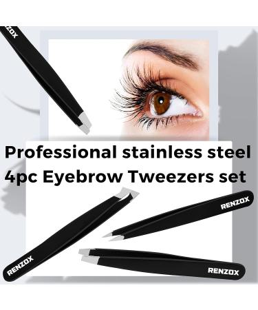 Renzox 4pcs Tweezers for Facial Hair Women & Men Hair Removal Eyebrow Tweezers Professional Stainless Steel Black Color Coated tweezer Set Slanted & Pointed Tip for ingrown Hair with Leather Pouch - Buy Online on SooperMarket.com