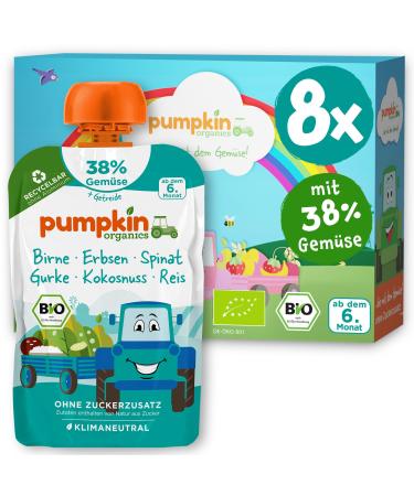 Pumpkin Organics Bio Vegetable Cereal Quets 8 Pack pear peas spinach gurke coconut rice without added sugar - for babies from the 6th month - gluten -free & vegetarian (8x100g)