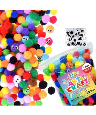 WAU Crafts - 400 Pcs - 1 inch 300 Multicolored Large Pom Poms Arts and Crafts with 100 Googly Eyes - Pompoms for Crafts & DIY Projects Multicolor-400
