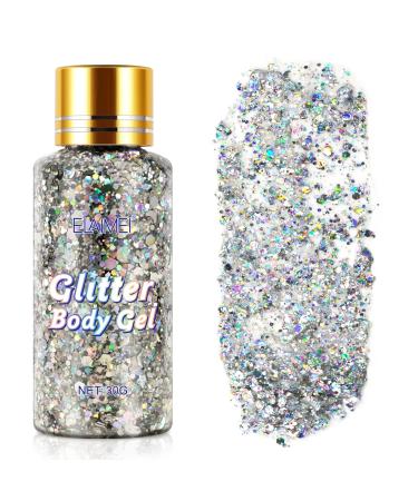 Body Glitter Gel Silver Holographic Mermaid Sequins Glitter for Body Face Eye Hair Lip Nail Concerts Party Festival Makeup DIY Art Long Lasting Waterproof