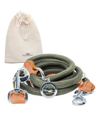 Freudenier dog leash for large dogs-2m length 3-fold robust nylon rounded with stylish brown leather elements (forest green)