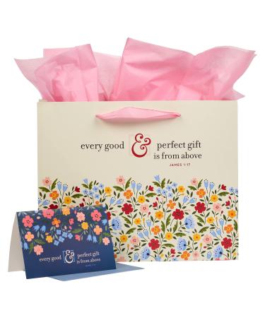 Christian Art Gifts Three Piece Landscape Gift Bag w/Card & Tissue Paper Set for Women: Every Good Gift - James 1:17 Inspirational Bible Verse, Creamy Beige Multicolored Flower Garden, Large Good Gift/Multi Large Landscape