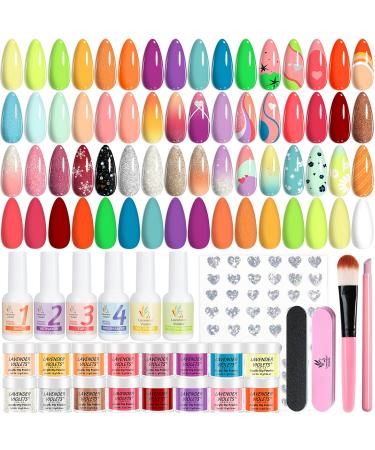 Lavender Violets Dip Powder Nail Kit 30 Colors Classical Red Orange Yellow Mint Green Blue Purple Glitter Acrylic Liquid Set Base Top Coat Activator Brush Saver with Sticker Manicure Starter B703
