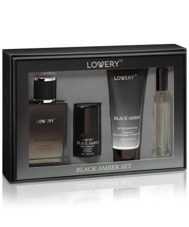 Mens Valentines Gifts Black Amber Mens Perfume 4 in 1 Deodorant & Cologne Gift Set - 4pc Mens Cologne Set - Parfum Antiperspirant Deodorant Stick Aftershave Gel Masculine Birthday Perfumes for Men - Buy Online on SooperMarket.com