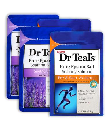 Dr Teal's Epsom Salt Bath Combo 4-Pack (12 lbs Total) Pre and Post Workout with Magnesium Sulfate and Menthol and Soothe & Sleep with Lavender