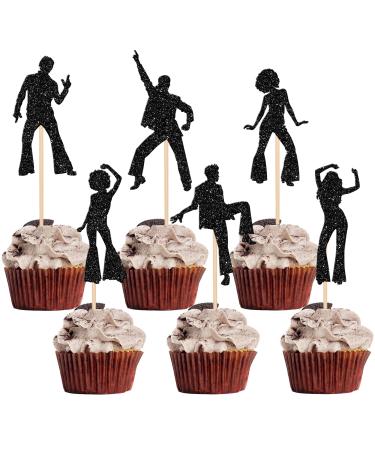 30 Pack 70's Disco Cupcake Toppers Glitter 70s Disco Dancing Cupcake Picks for Music Wedding Birthday 70's Disco Dancer Cupcake Decorations Party Supplies Black 1