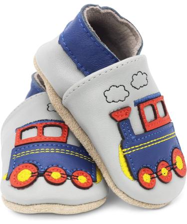 Dotty Fish Soft Leather Baby Shoes, Grey Train Design | Non-Slip Suede Soles | 0-6 Months to 4-5 Years | Toddler Boys' Footwear - Buy Online on SooperMarket.com