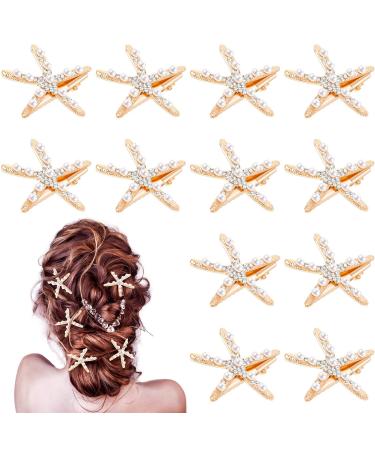 12 Pcs Starfish Hair Clip Seashell Hair Clips Mermaid Hair Accessories Crystal Pearls Star Fish Hair Barrette Small Beach Sea Hairpin for Wedding Bridal Girls Women