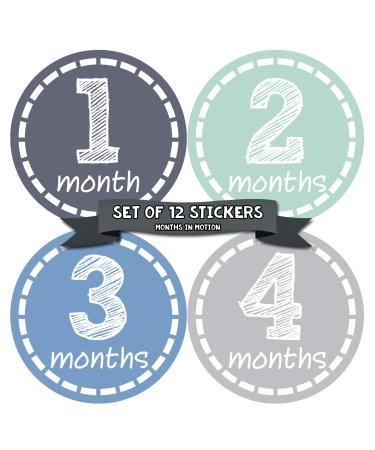 Months in Motion Baby Monthly Stickers - Baby Milestone Stickers - Newborn Boy Stickers - Month Stickers for Baby Boy - Baby Boy Stickers - Newborn Monthly Milestone Stickers (12 Count) 12 Count (Pack of 1)