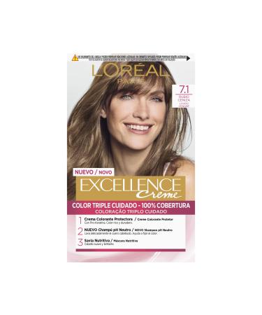 L'Or al Paris Permanent hair color 100 percent gray-hair cover hair dyet with coloring shampoo and 3-way care cream color Excellence Cr me 7.1 Mittelaschblond 7.1 Ashblond 1 piece (1 Pack)
