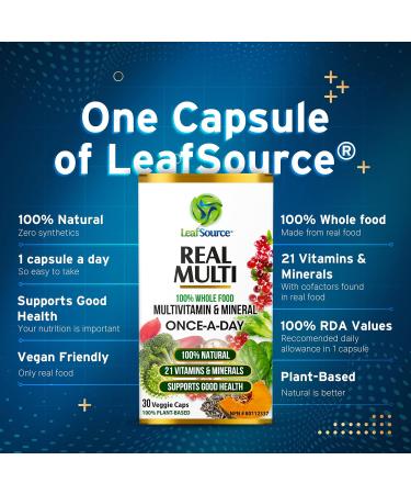 Leafsource Real Multi Vitamins & Minerals Capsules 21 Organic Sourced Whole Food Real Fruits & Veggies Supplements Vegan Enhanced Well-being Naturally A REAL Natural Multivitamin and Multi-Mineral with cofactors intact Syntetic vitamins can't do that only - Buy Online on SooperMarket.com