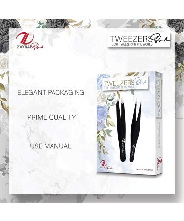Zayraz Precision Tweezer Set for Ingrown Hair and Splinters - Stainless Steel Slant and Pointed Tweezers for Eyebrow Plucking - Black - Buy Online on SooperMarket.com