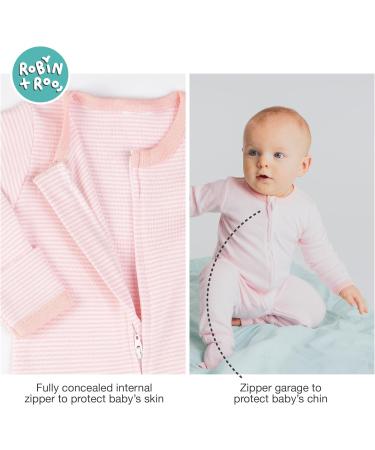 100% Cotton Double Zip Baby Sleepsuit Romper, Pink Stripe, 3-6 Months - Gender Neutral Footless Onesie with Fold Over Cuffs - Buy Online on SooperMarket.com