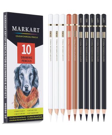 MARKART Professional Charcoal Pencils Drawing Set 10 Pieces Colour Charcoal Pencils for Drawing  Sketching  Shading  Blending  Sketch Highlight White Pencils for Beginners & Artists