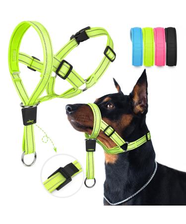 Weesiber soft dog handlebars - adjustable dog head dishes padded no pulling halter with reflective safety stripes for training and walking (green L) Large green