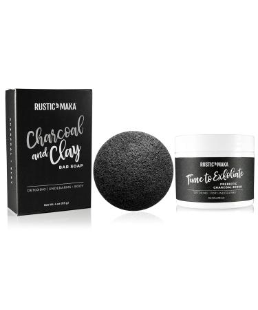 Rustic MAKA CLEANSE + DETOX Daily Underarm Care System: CHARCOAL + CLAY Bar Soap and Sponge EXFOLIATE Charcoal Prebiotic Scrub
