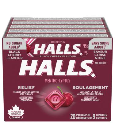 HALLS No Sugar Added Black Cherry Cough Drops Throat Lozenges Sore Throat Relief Mentho-Lyptus 9 Lozenges Cough Drops Black Cherry Singles (Full Tray)
