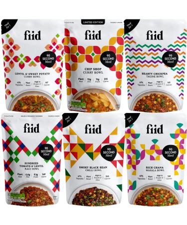 Fiid 100% Natural Vegan Microwave Ready Meals Flavour Multipack - 6x 275g Pouches - 6 Flavours (Vegetarian Food Pouch High in Fibre & Protein Low in Sugar Gluten Free)