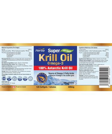 Herba Krill Oil Omega 3 Supplements - 120 Softgels | 1000mg of Antarctic Krill Oil Per Day (2 softgels 500mg each) | Source of Omega 3 Fatty Acids | High Astaxanthin | Premium Grade - 500mg Krill Oil per Soft Gel | 2 Months Supply - Buy Online on SooperMarket.com