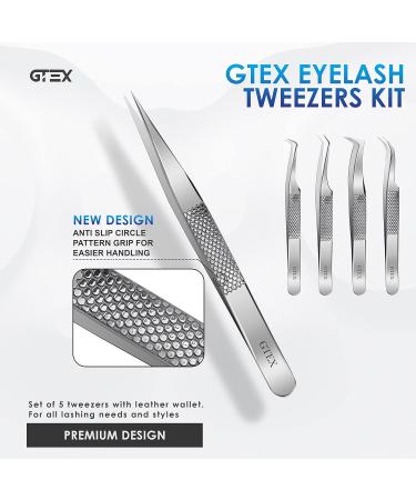 GTEX Circle Grip Lash Tweezers - Japanese Steel, Professional 5 Pack for Eyelash Extensions - Silver - Buy Online on SooperMarket.com