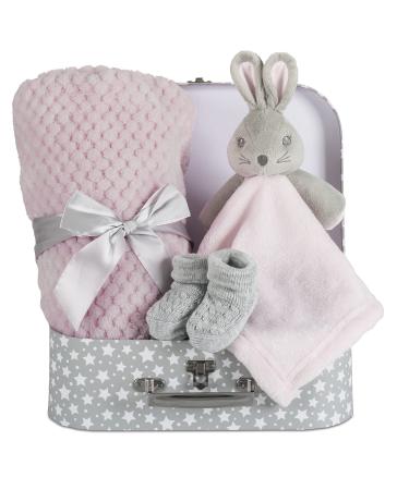Baby Girl Gift Set New Born Baby Gift Baby Pink Bunny Security Blanket Soft Fleece, Suitcase Keepsake Box Blanket Booties & Baby Gift Basket  Unique Present for Baby Shower & Newborn Lovey Welcome