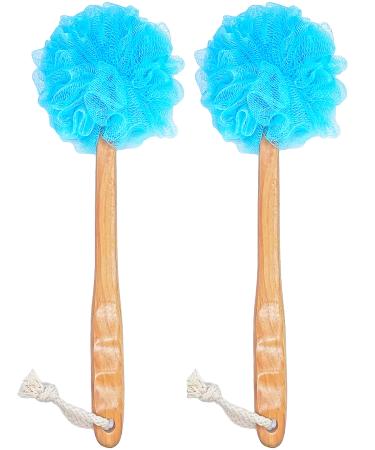 Shower Loofah Body & Back Scrubber - Exfoliating Loofah luffa Bath Brush On a Stick - with Long Wooden Handle Back Brush for Men & Women - Easy Reach Body Wash & Lotion Applicator( 2 Pack- Blue)
