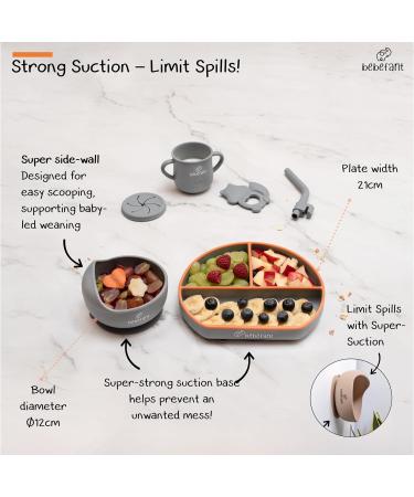 Bebefant Baby Weaning Set: Suction Bowl, Plate, Cup, Bib, Fork & Spoon for Baby Led Weaning - Grey & Orange - Large Set - Buy Online on SooperMarket.com